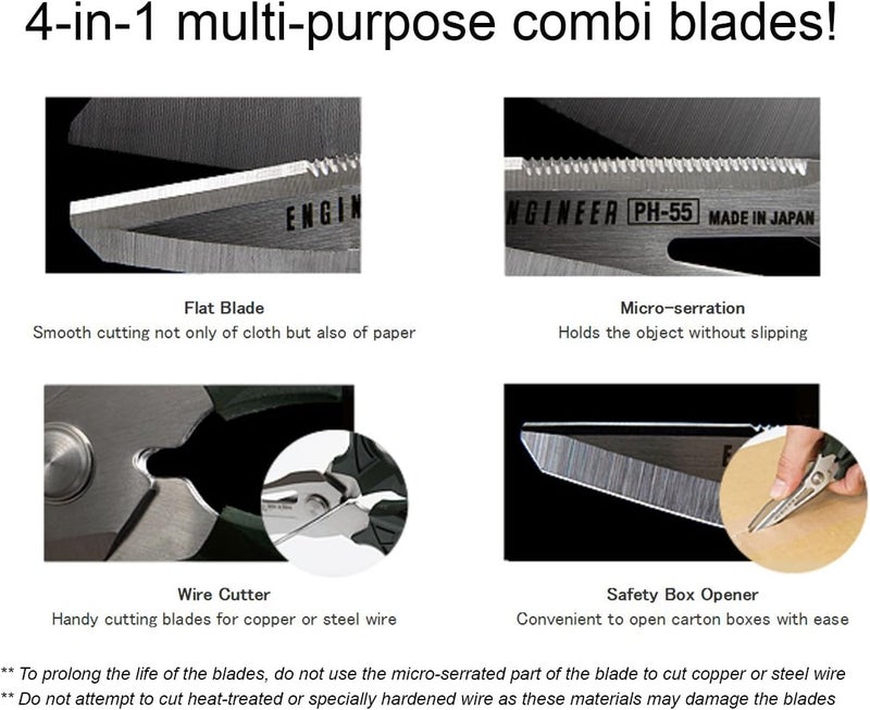 Engineer PH-55 Multi-Function, 160mm Compact Scissors, Electrician Scissors, with 4-in-1 Combi Blade - cuts Carpet, Leather, Solid Copper Wire, Insulated cable, CDs, Thick Rope & More. Made in Japan - Image 2