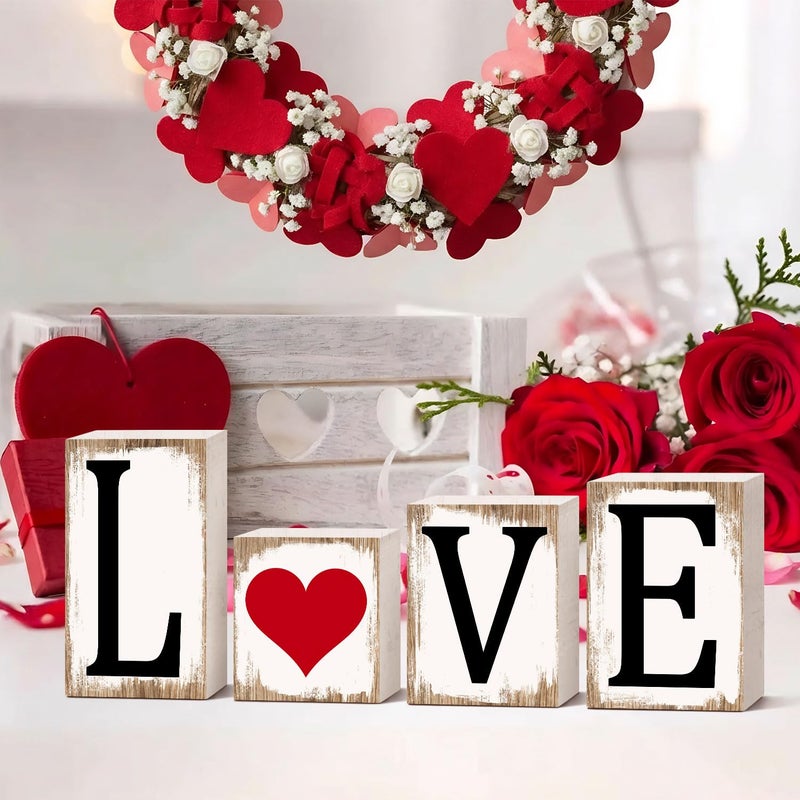 عيد الحب الحب علامات الجدول الخشبي الزينة 4pcs الحب والحظ عكسها عيد الحب / عيد القديس. ديكور القطع المركزية لعيد باتريك لصينية منزل ريفية ذات علامة عكسية - Image 3