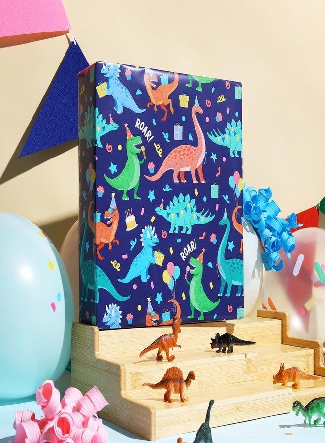 LaRibbons Dinosaur Wrapping Paper for Boys - 17 Inches X 33 Feet (47 sq. ft. ttl.), Blue Dinosaur Party Design Gift Wrap, Perfect for Kids, Birthdays, Baby Shower, Party, Celebrations - Image 3