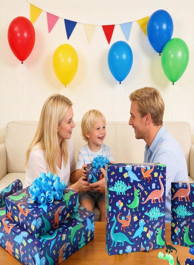 LaRibbons Dinosaur Wrapping Paper for Boys - 17 Inches X 33 Feet (47 sq. ft. ttl.), Blue Dinosaur Party Design Gift Wrap, Perfect for Kids, Birthdays, Baby Shower, Party, Celebrations - Image 4