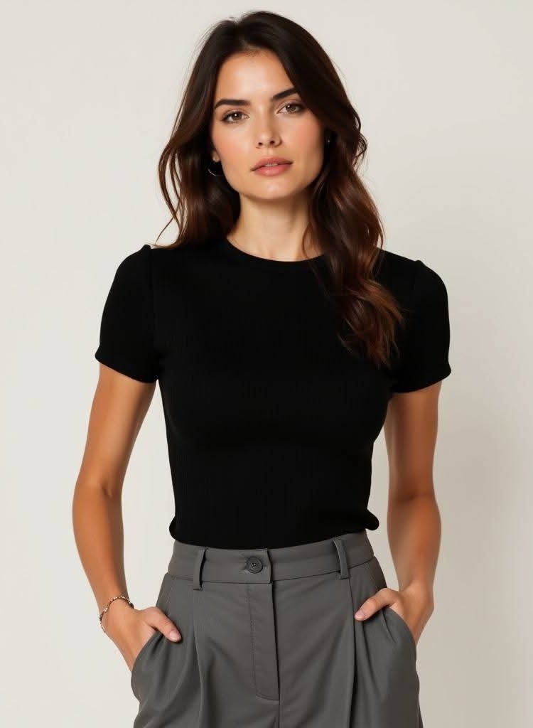 Soft Steps Women's Ribbed Short Sleeve Crew Neck Top – Soft  Fitted T-Shirt | Sizes M Black  - Image 1