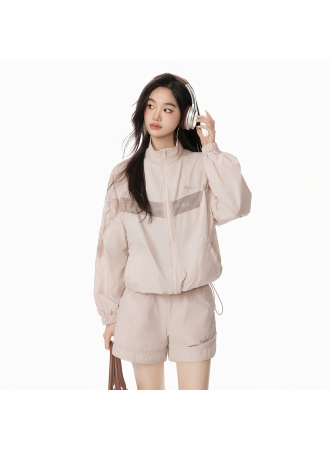 EPTISON Women's Sporty Outfit Set 2025 Summer New Thin Fashion Patchwork Jacket Elastic Waist Shorts Casual Two-piece Set - Image 3