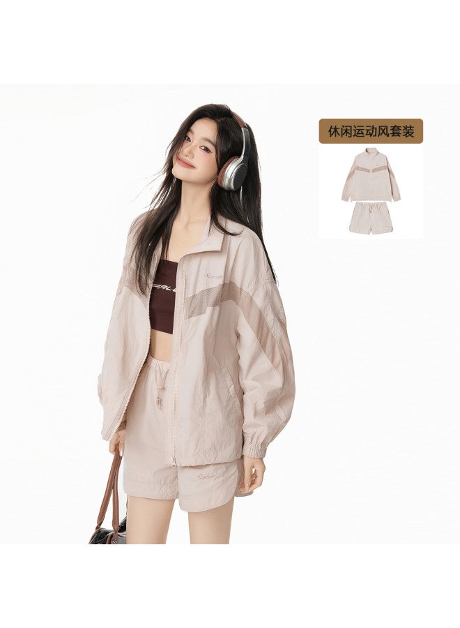 EPTISON Women's Sporty Outfit Set 2025 Summer New Thin Fashion Patchwork Jacket Elastic Waist Shorts Casual Two-piece Set - Image 2