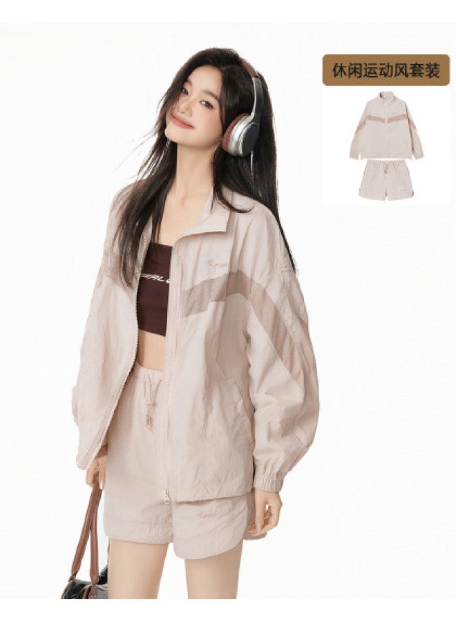 EPTISON Women's Sporty Outfit Set 2025 Summer New Thin Fashion Patchwork Jacket Elastic Waist Shorts Casual Two-piece Set - Image 1