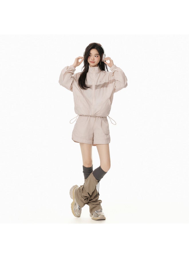 EPTISON Women's Sporty Outfit Set 2025 Summer New Thin Fashion Patchwork Jacket Elastic Waist Shorts Casual Two-piece Set - Image 4