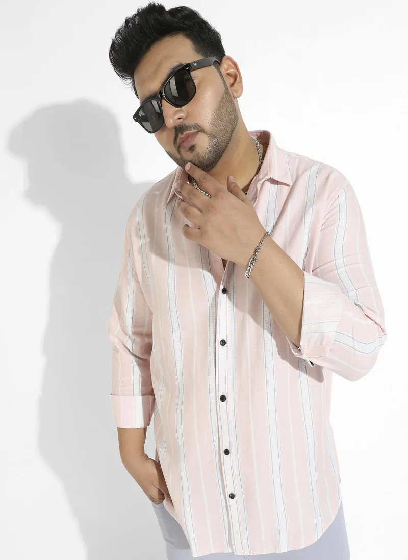 Instafab Plus Men's Light Pink Shadow Striped Shirt