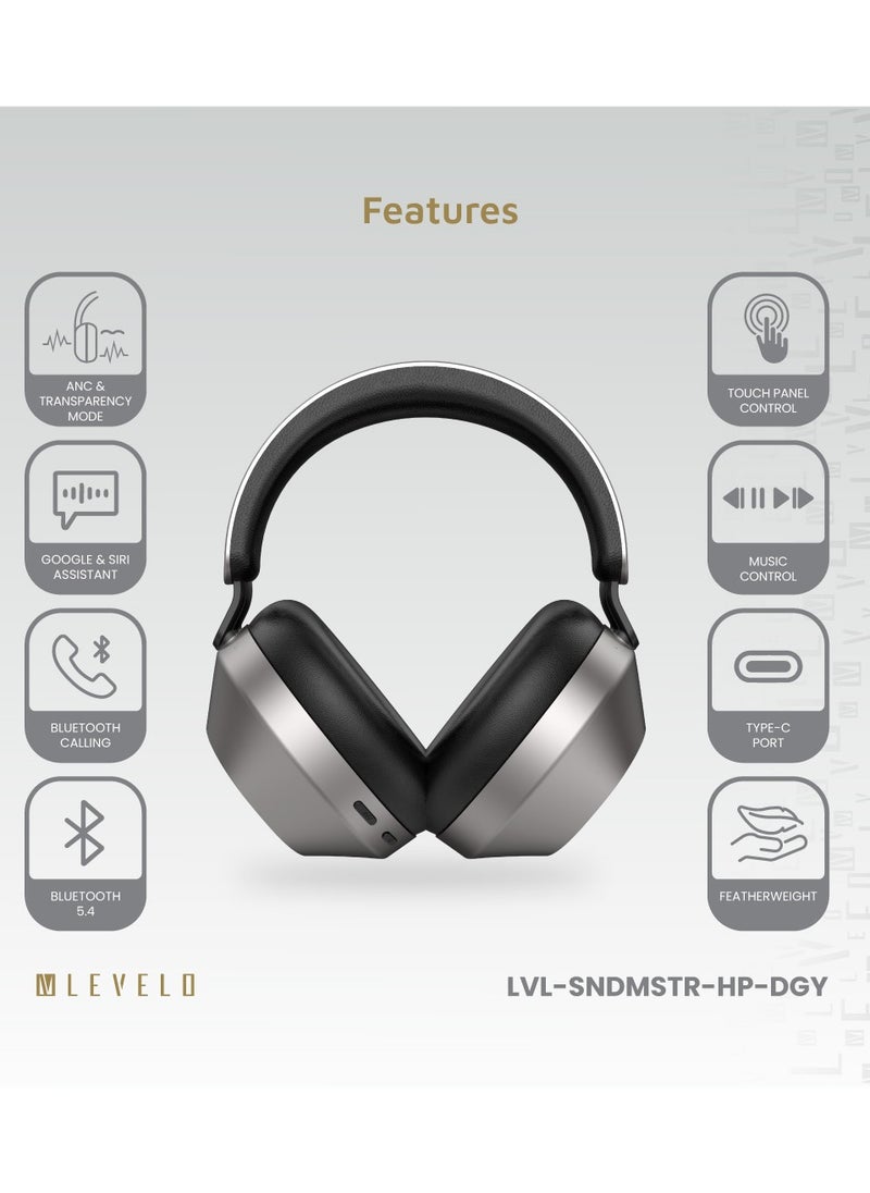 LEVELO - Sound Master Hybrid ANC Headphones with Smart Touch Panel & Google and Siri Assistant / ANC & Transparency Mode / Bluetooth Calling / Featherweight / Music Control / Type-C Port - Dusty Grey - Image 1