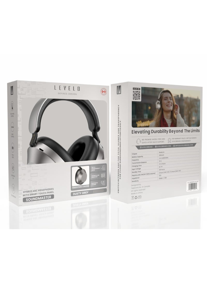 LEVELO - Sound Master Hybrid ANC Headphones with Smart Touch Panel & Google and Siri Assistant / ANC & Transparency Mode / Bluetooth Calling / Featherweight / Music Control / Type-C Port - Dusty Grey - Image 1