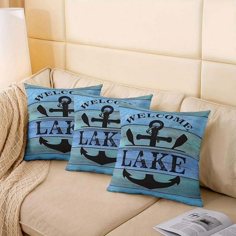 2pcs Welcome To Lake Nautical Throw Pillow Covers 16x16 Inch Soft Polyester Decorative Cushion Cases With Anchor Design Machine Washable Zipper Closure Contemporary Style For Lake House Decor - Image 2