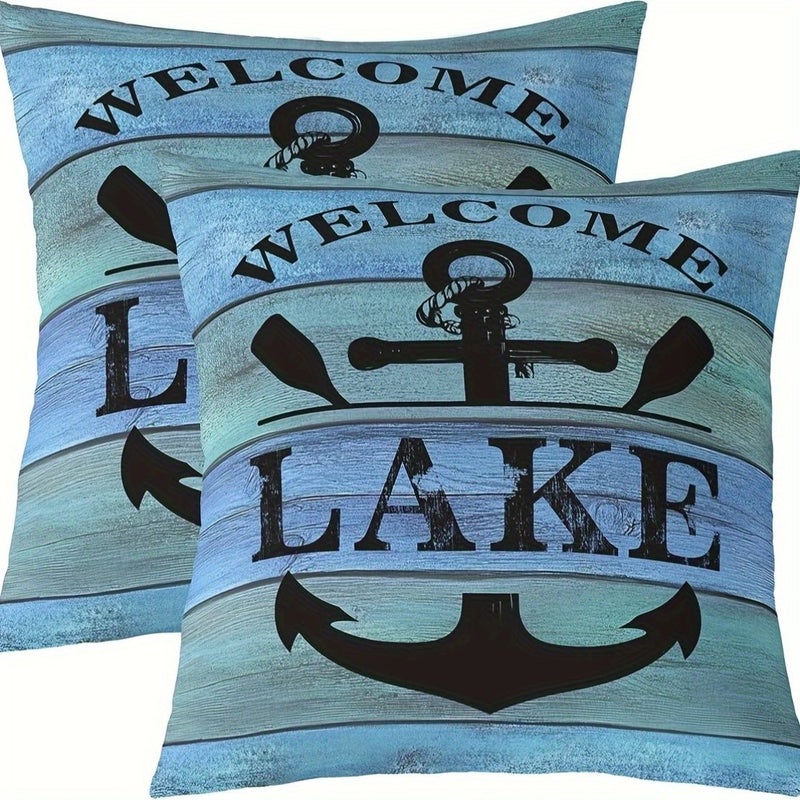 2pcs Welcome To Lake Nautical Throw Pillow Covers 16x16 Inch Soft Polyester Decorative Cushion Cases With Anchor Design Machine Washable Zipper Closure Contemporary Style For Lake House Decor - Image 1