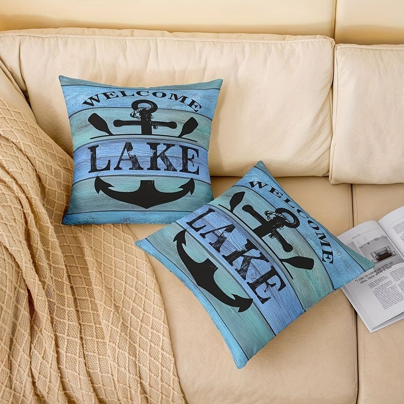 2pcs Welcome To Lake Nautical Throw Pillow Covers 16x16 Inch Soft Polyester Decorative Cushion Cases With Anchor Design Machine Washable Zipper Closure Contemporary Style For Lake House Decor - Image 5