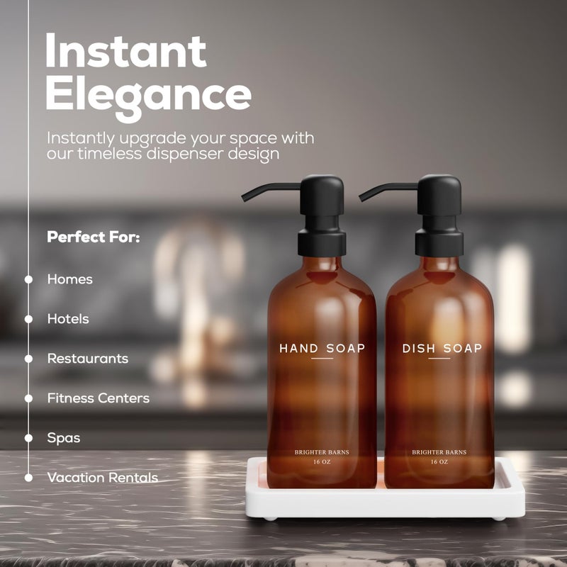 Brighter Barns Amber Glass Hand and Dish Soap Dispenser Set by Brighter Barns - Kitchen Soap Dispenser Set with Tray for Kitchen, Airbnb, Vacation Rental or Restaurant - Modern Kitchen Decor & Accessories (Amber) - Image 2