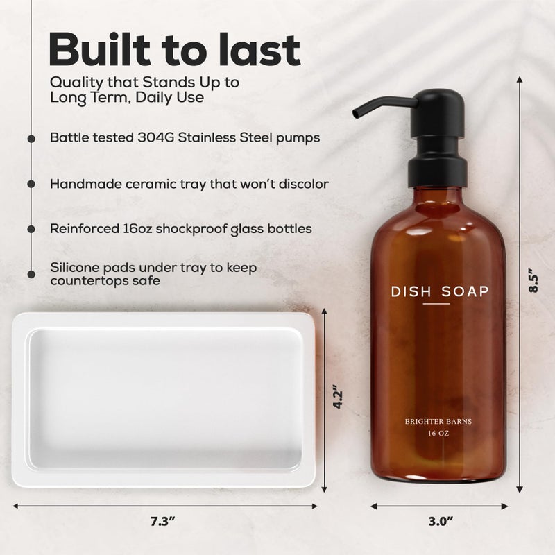 Brighter Barns Amber Glass Hand and Dish Soap Dispenser Set by Brighter Barns - Kitchen Soap Dispenser Set with Tray for Kitchen, Airbnb, Vacation Rental or Restaurant - Modern Kitchen Decor & Accessories (Amber) - Image 3
