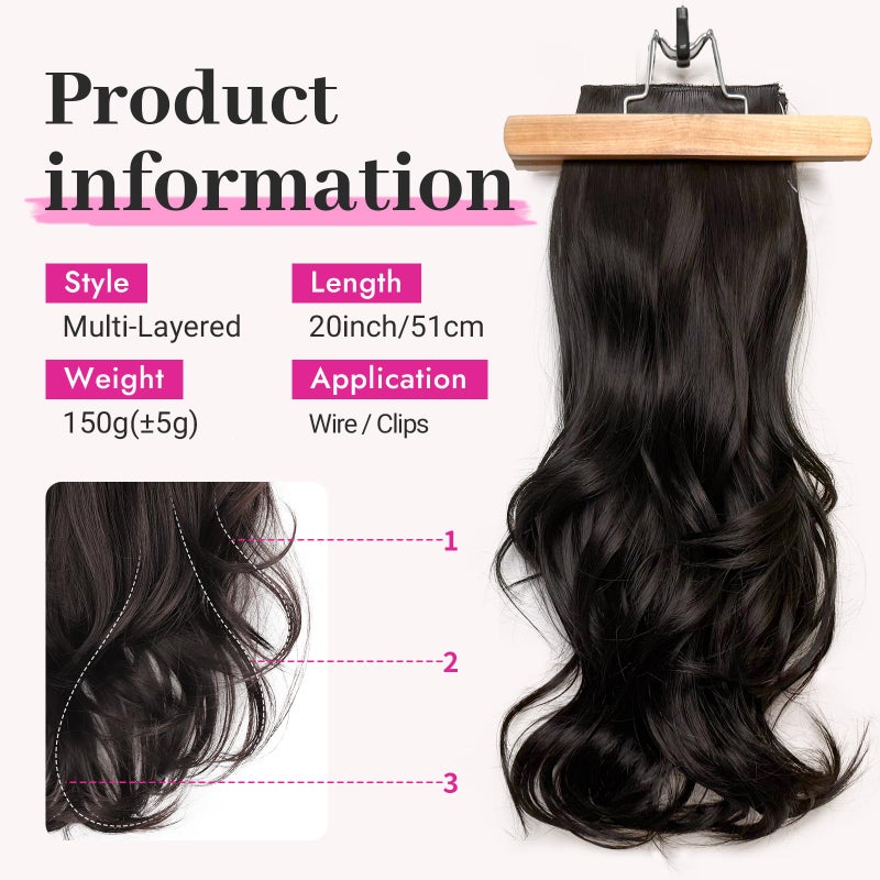 KooKaStyle Invisible Wire Hair Extensions 20" Long Wavy Layered Synthetic Clip in Hair Extension with Transparent Wire Adjustable Size 6 Secure Clips Dark Brown Thick Hairpieces for Women20 Inch,150g - Image 4
