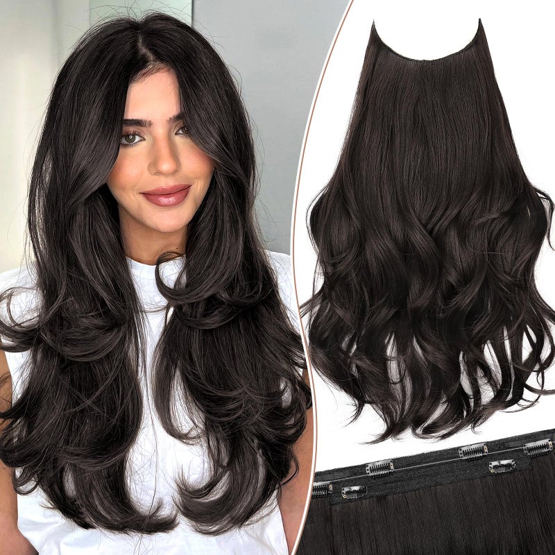 KooKaStyle Invisible Wire Hair Extensions 20" Long Wavy Layered Synthetic Clip in Hair Extension with Transparent Wire Adjustable Size 6 Secure Clips Dark Brown Thick Hairpieces for Women20 Inch,150g - Image 1