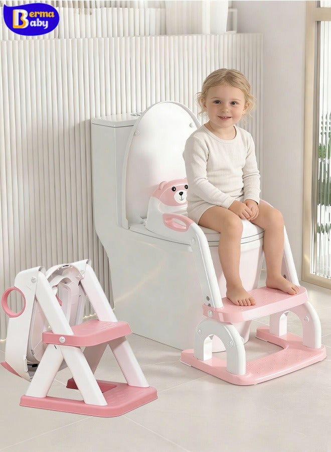 Berma Baby مقعد تدريب على استخدام المرحاض مع سلم متدرج للأطفال الصغار - مقعد مرحاض 2 في 1 مُحسّن للأطفال الأولاد والبنات، وسادة مضادة للانزلاق وارتفاع قابل للتعديل مع مقاومة للماء - وردي - Image 1