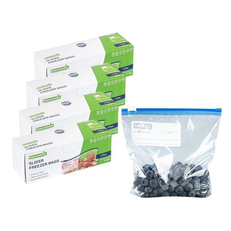 Restaurantware Restaurantware Bag Tek 1 Pint Freezer Slider Bags 25 Disposable Zipper Pouch Bags - Slide Zipper Expandable Bottom Clear Plastic Freezer Bags With Write-On-Label For Food Storage  - Image 1