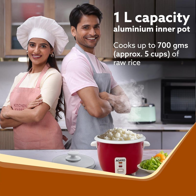 AGARO Elegant Electric Rice Cooker, 1L, 700 gms (approx. 5 cups) raw rice, 400W, Automatic Boiler, Steamer, Removable Aluminium Pot, Stainless Steel Lid, Keep Warm Function, Trivet Plate, Rice - Image 2