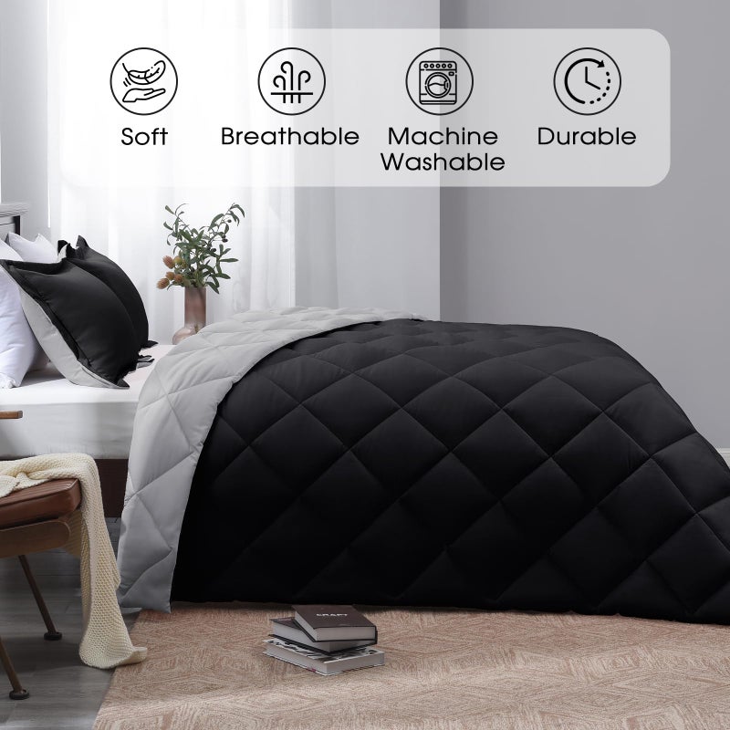Basic Beyond Queen Comforter Set - Black Comforter Set Queen, Reversible Bed Comforter Queen Set for All Seasons, Black/Grey, 1 Comforter (88"x92") and 2 Pillow Shams (20"x26"+2") - Image 2
