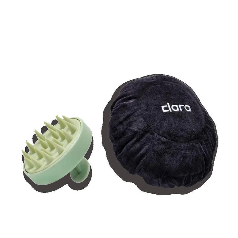 CLARA The Hair Care Bundle – CLARA Black Microwave Heat Cap with Flax Seeds & Green Silicone Scalp Massager Brush