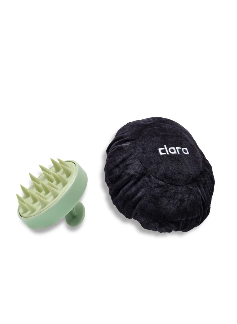 كلارا The Hair Care Bundle – CLARA Black Microwave Heat Cap with Flax Seeds & Green Silicone Scalp Massager Brush