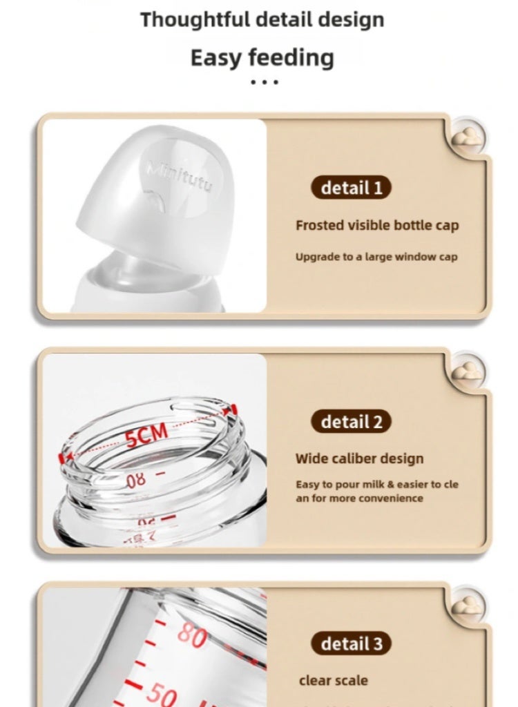 Minitutu Anti-Colic, Wide-Neck Glass Feeding Bottle With Breast-Like Nipples 160 ML, 1M+ - Image 4