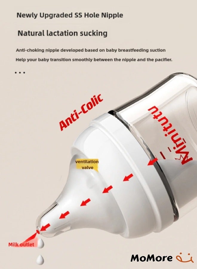 Minitutu Anti-Colic, Wide-Neck Glass Feeding Bottle With Breast-Like Nipples 160 ML, 1M+ - Image 2