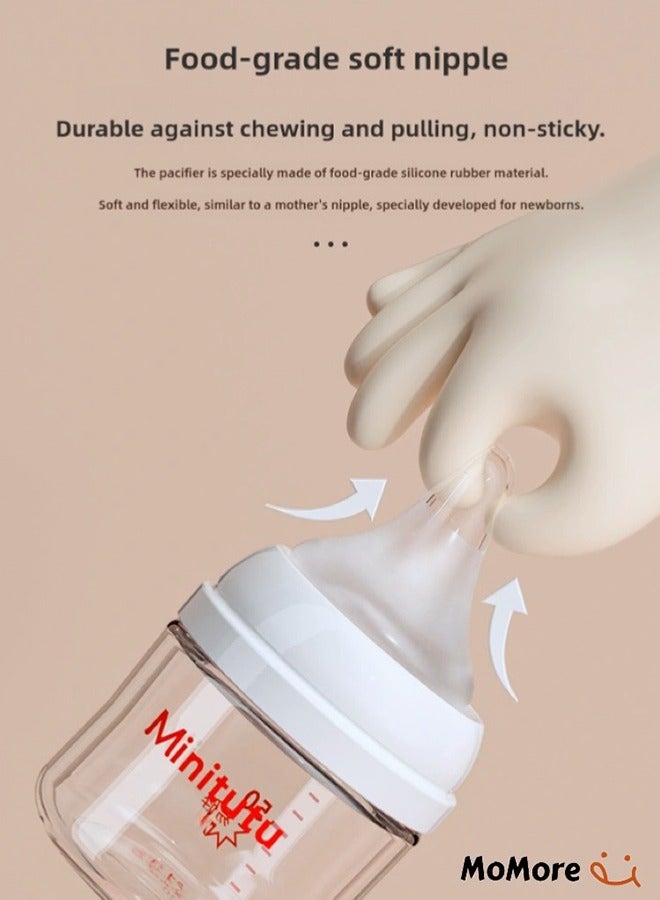 Minitutu Anti-Colic, Wide-Neck Glass Feeding Bottle With Breast-Like Nipples 160 ML, 1M+ - Image 3