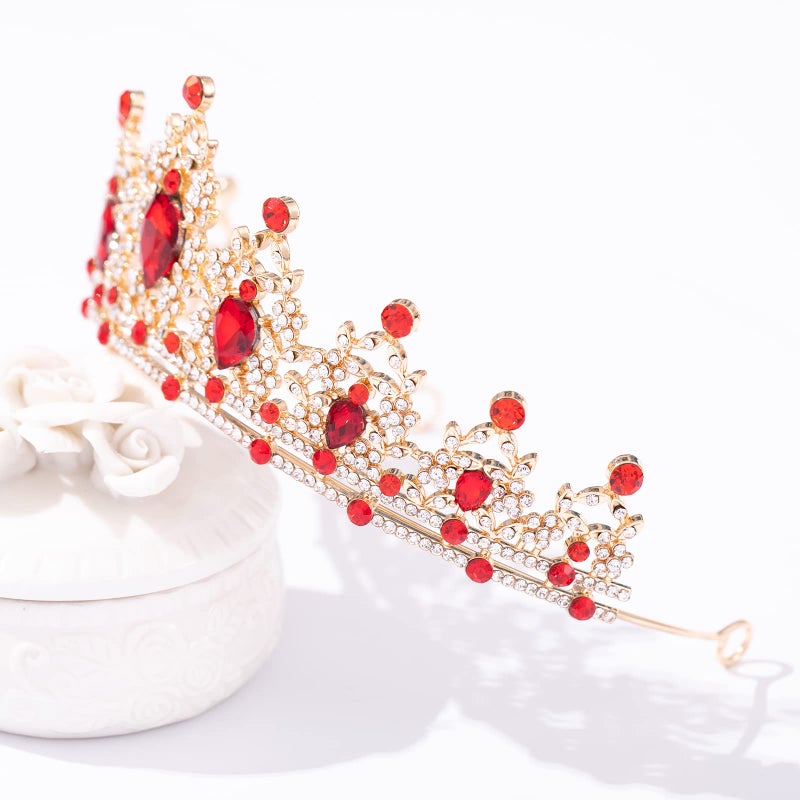 FORSEVEN Crystal Tiaras for Women, Wedding Tiaras and Crowns for Women Tiara for Girls Birthday Party Princess Crown Hair Accessories Bride Rhinestone Headbands (Gold+Red) - Image 3