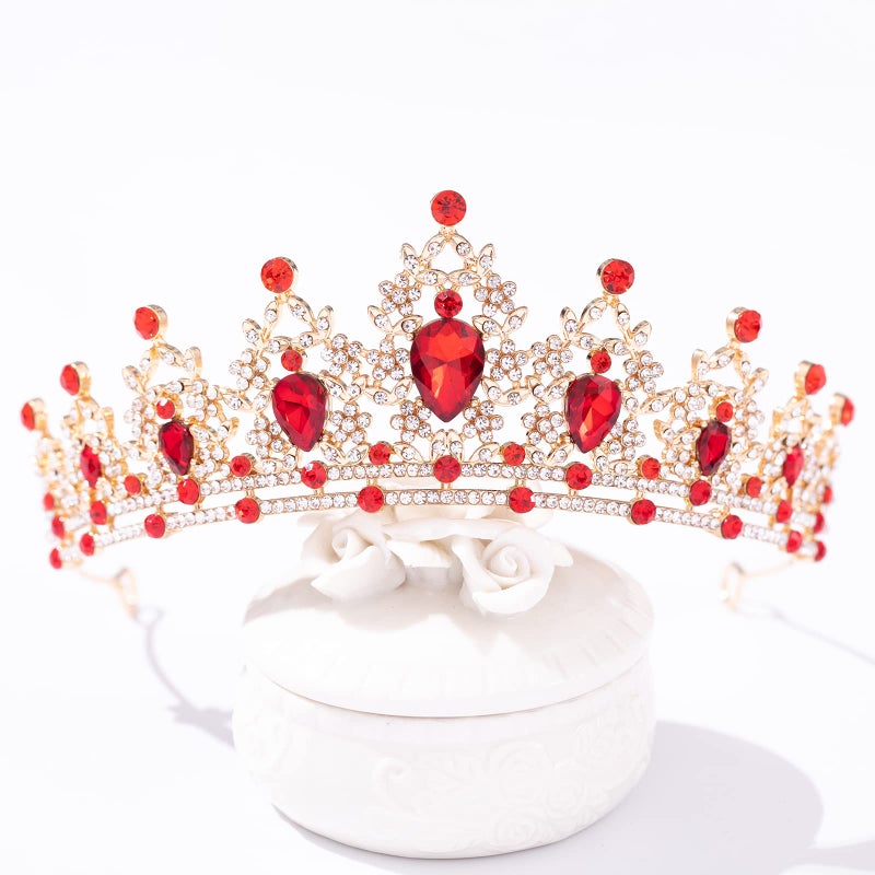 FORSEVEN Crystal Tiaras for Women, Wedding Tiaras and Crowns for Women Tiara for Girls Birthday Party Princess Crown Hair Accessories Bride Rhinestone Headbands (Gold+Red) - Image 2