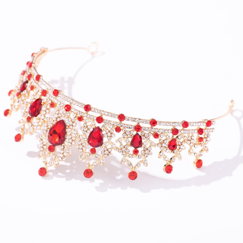 FORSEVEN Crystal Tiaras for Women, Wedding Tiaras and Crowns for Women Tiara for Girls Birthday Party Princess Crown Hair Accessories Bride Rhinestone Headbands (Gold+Red) - Image 4