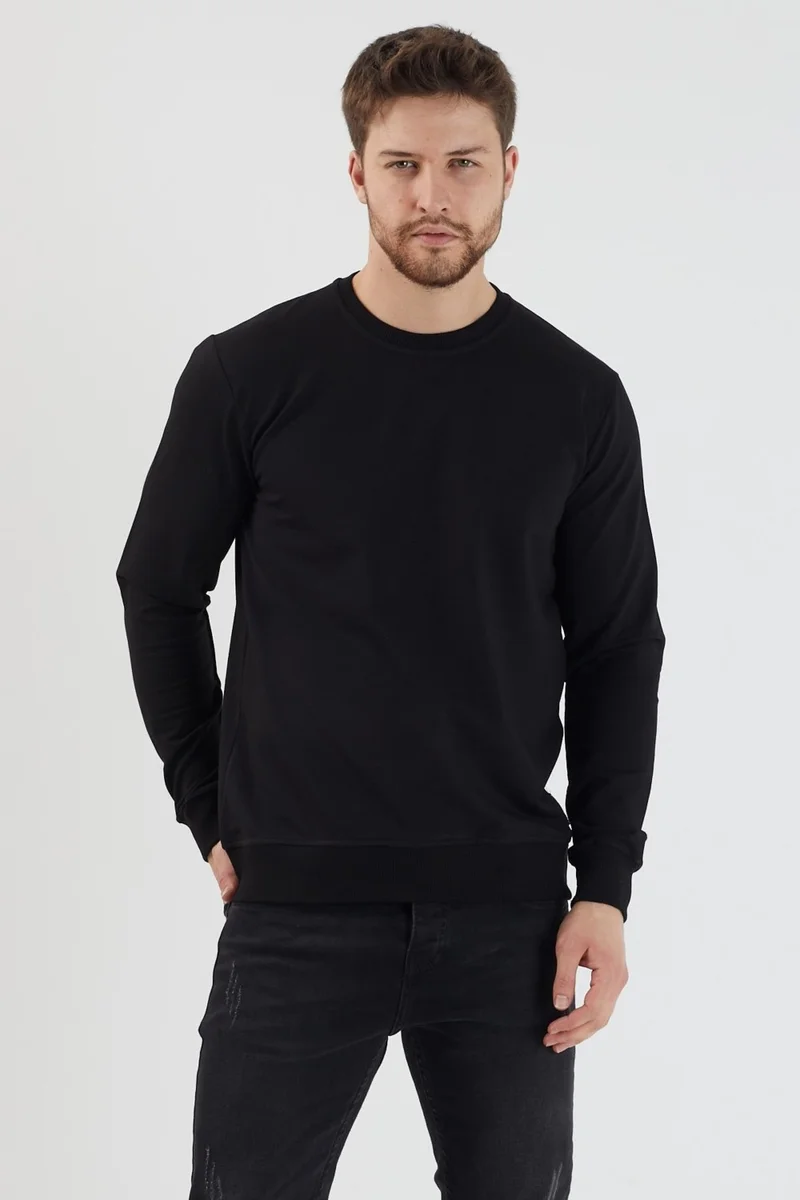 ام ار اس كلوثينج Plaın Men's Black Basic Crew Neck Thin Sweatshirt
