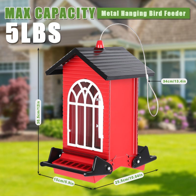 Gbekery Squirrel Proof Bird Feeder for Outdoors,5LB Large Capacity,Metal Wild Bird Seed Feeder with Bilateral Weight-Activated Perches for Outside Hanging,Finch,Cardinal,Blue Jay,Garden Decoration,Red - Image 2