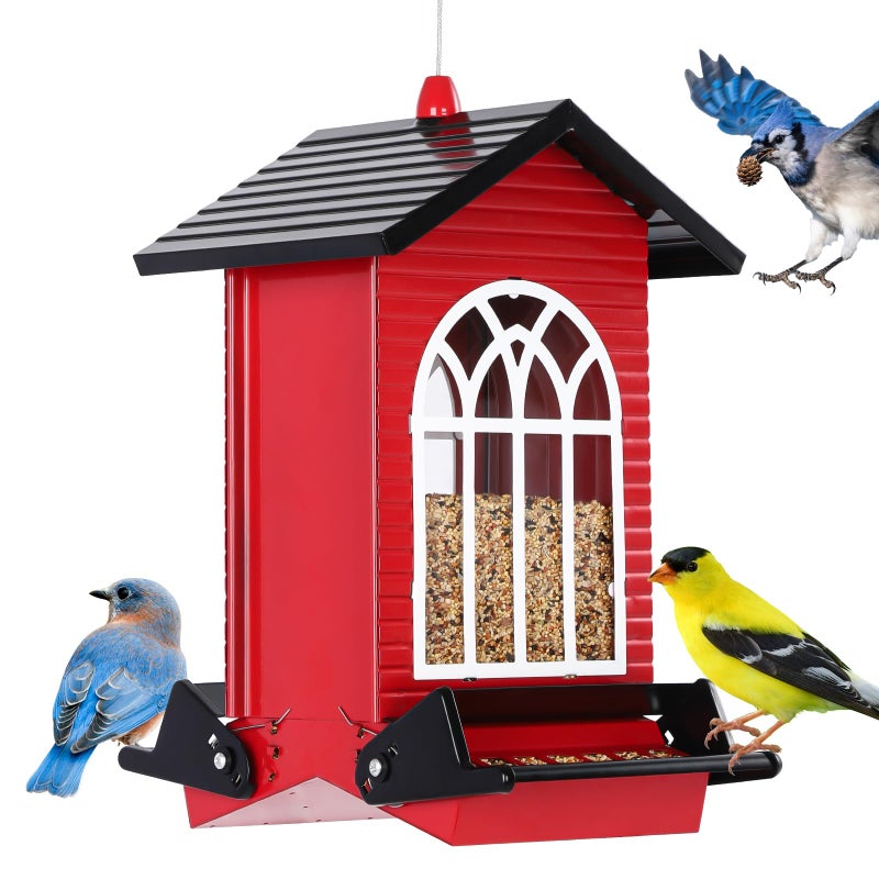 Gbekery Squirrel Proof Bird Feeder for Outdoors,5LB Large Capacity,Metal Wild Bird Seed Feeder with Bilateral Weight-Activated Perches for Outside Hanging,Finch,Cardinal,Blue Jay,Garden Decoration,Red - Image 1