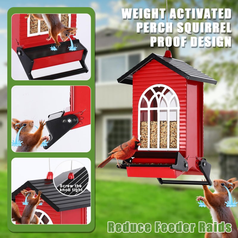 Gbekery Squirrel Proof Bird Feeder for Outdoors,5LB Large Capacity,Metal Wild Bird Seed Feeder with Bilateral Weight-Activated Perches for Outside Hanging,Finch,Cardinal,Blue Jay,Garden Decoration,Red - Image 3