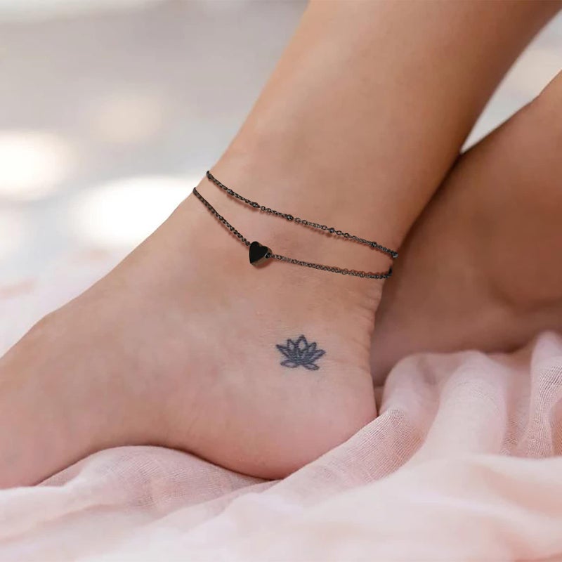 PROSTEEL Beach Jewelry Black Ankle Bracelets for Women Heart Chain Anklet Bracelet Black Layered Anklets - Image 5