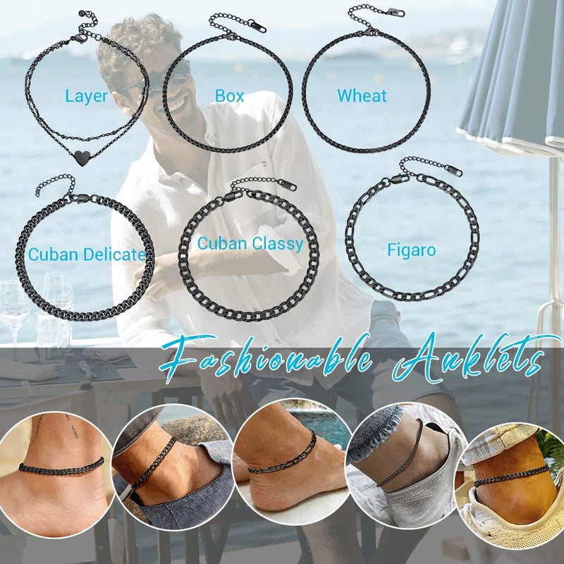 PROSTEEL Beach Jewelry Black Ankle Bracelets for Women Heart Chain Anklet Bracelet Black Layered Anklets - Image 2