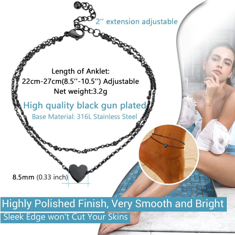 PROSTEEL Beach Jewelry Black Ankle Bracelets for Women Heart Chain Anklet Bracelet Black Layered Anklets - Image 3