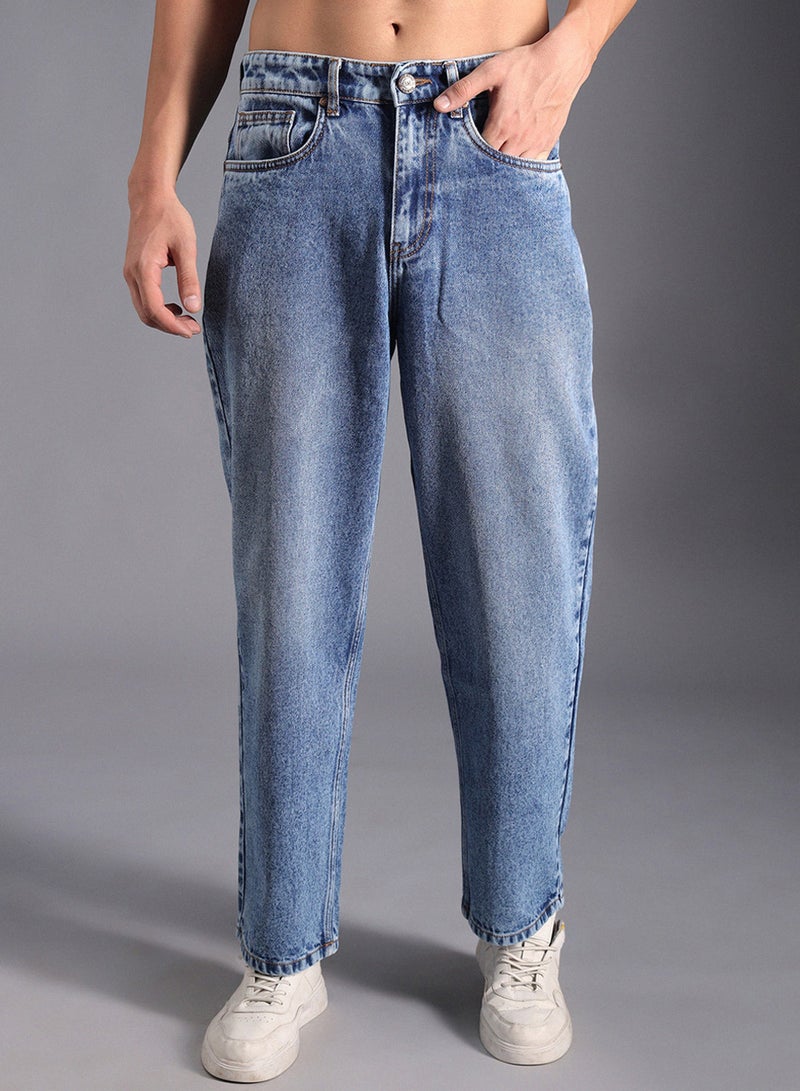 HIGH STAR Men's Indigo 100% Cotton Bleached Full Length Loose Jeans - Image 1