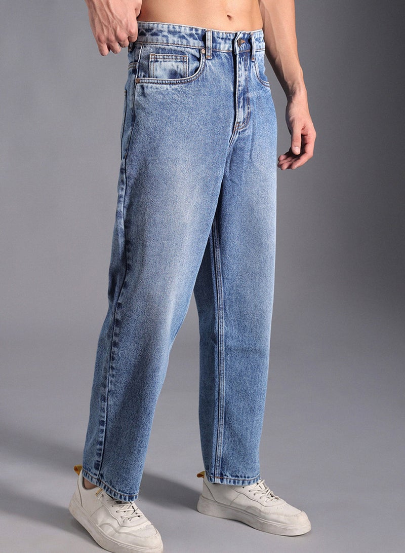 HIGH STAR Men's Indigo 100% Cotton Bleached Full Length Loose Jeans - Image 2