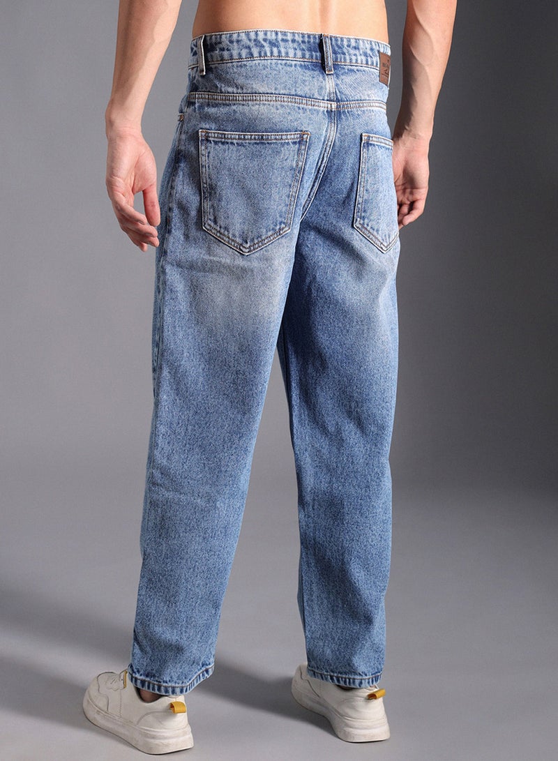 HIGH STAR Men's Indigo 100% Cotton Bleached Full Length Loose Jeans - Image 3