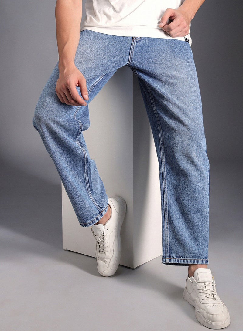 HIGH STAR Men's Indigo 100% Cotton Bleached Full Length Loose Jeans - Image 4