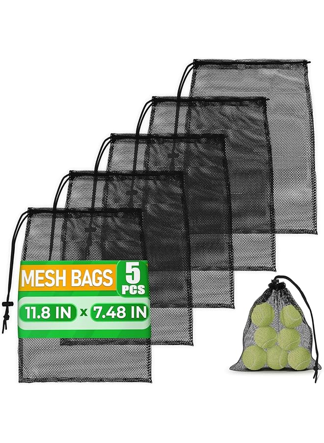 S-TOP Mesh Backpack Drawstring Black 5Pcs 11,8x7,48'' â€“ Strong, Lightweight, Breathable Mesh Bag with Lock, Quick-Dry and Tear-Resistant â€“ Easy to Tighten and Adjust for Travel, Swimming & Ball Storage - Image 1