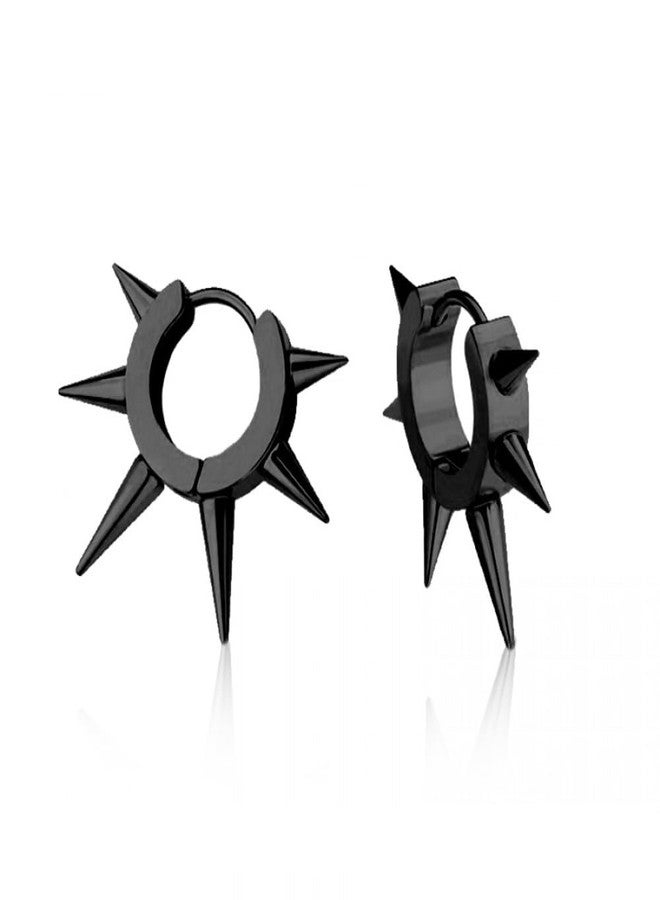 Pierced Owl 316L Stainless Steel Multi Spike Lined Huggie Hoop Earrings, Sold as a Pair (Black) - Image 1