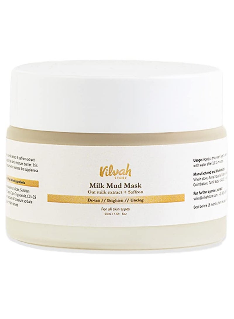 Vilvah Store Milk Mud Mask  For Detan Non Comedogenic Non Irritant  Unclogged Pores Skin Brightening  With Oat Milk Extract Saffron Extract  Kaolin Clay For Men  Women  50 ML - Image 1