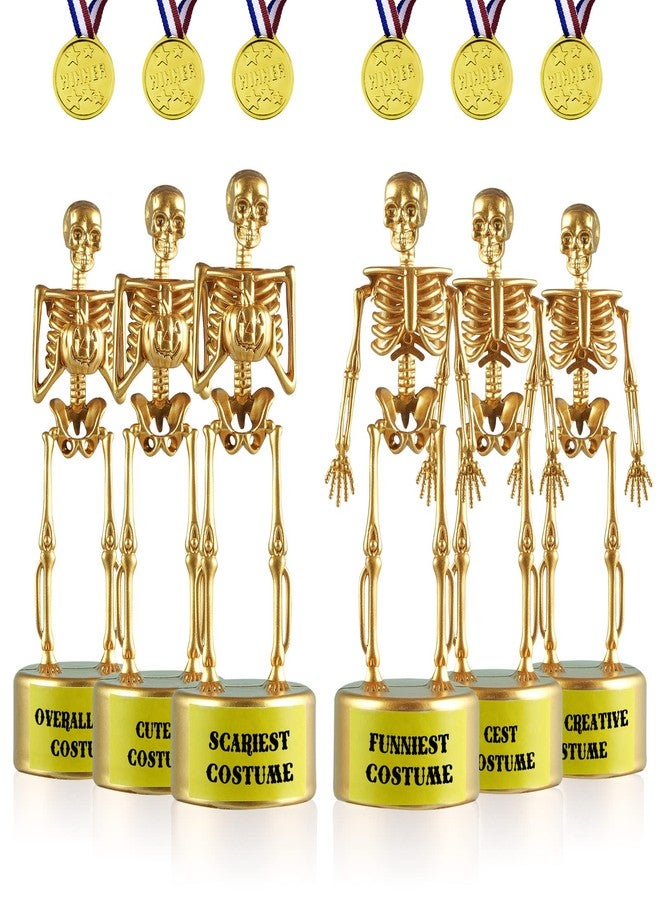 ASONA 12 Pcs Halloween Trophy Awards, 6 Skeleton Trophies 6 Award Medals 1 Marker Pen, Costume Contest Trophies for Kids Adults, Halloween Party Supplies, Table Decorations Classroom Rewards Treats for Kids - Image 1
