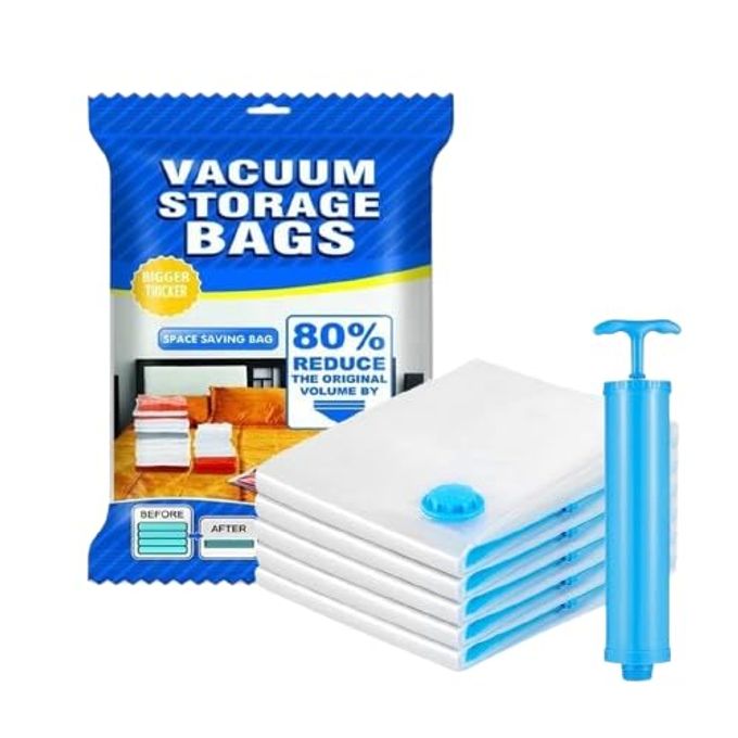 SPACE SAVER REUSABLE VACUUM STORAGE ZIPLOCK COMPRESSION SEALER BAGS FOR TRAVEL CLOTHES AND HOME BLANKETS QUILTS WITH HAND PUMP 5 PCS PLAIN BAG 1 PUMP MULTICOLOR