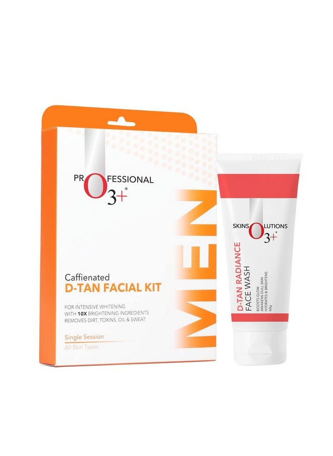 O3+ Caffeinated D-Tan Facial Kit For Intensive Whitening Remove Dirt Toxins Oil And Sweat Single Session For All Skin Types & D-Tan Radiance Face Wash 60Gm (Combo Pack)  - Image 1