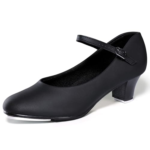 Linodes PU Leather Ankle Strap Character Tap Shoe 1.55'' Dance Shoes for Women-Black-8.5M-UPD - Image 1