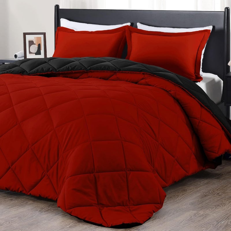 downluxe Lightweight Solid Comforter Set (Twin) with 1 Pillow Sham - 2-Piece Set - Red and Black - Down Alternative Reversible Comforter - Image 1